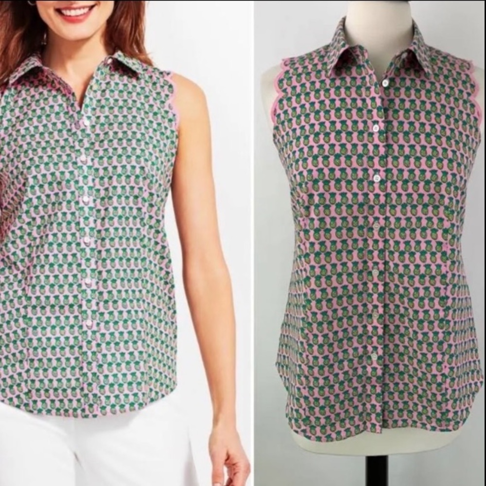 Talbots Dancing Pineapple Scalloped Button Up Novelty Sleeveless Shirt Classic 4